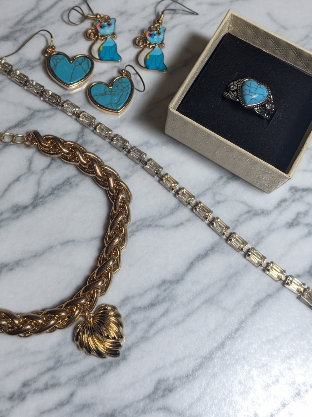 Turquoise Heart & Cat Drop Earrings Set - Women's Jewelry